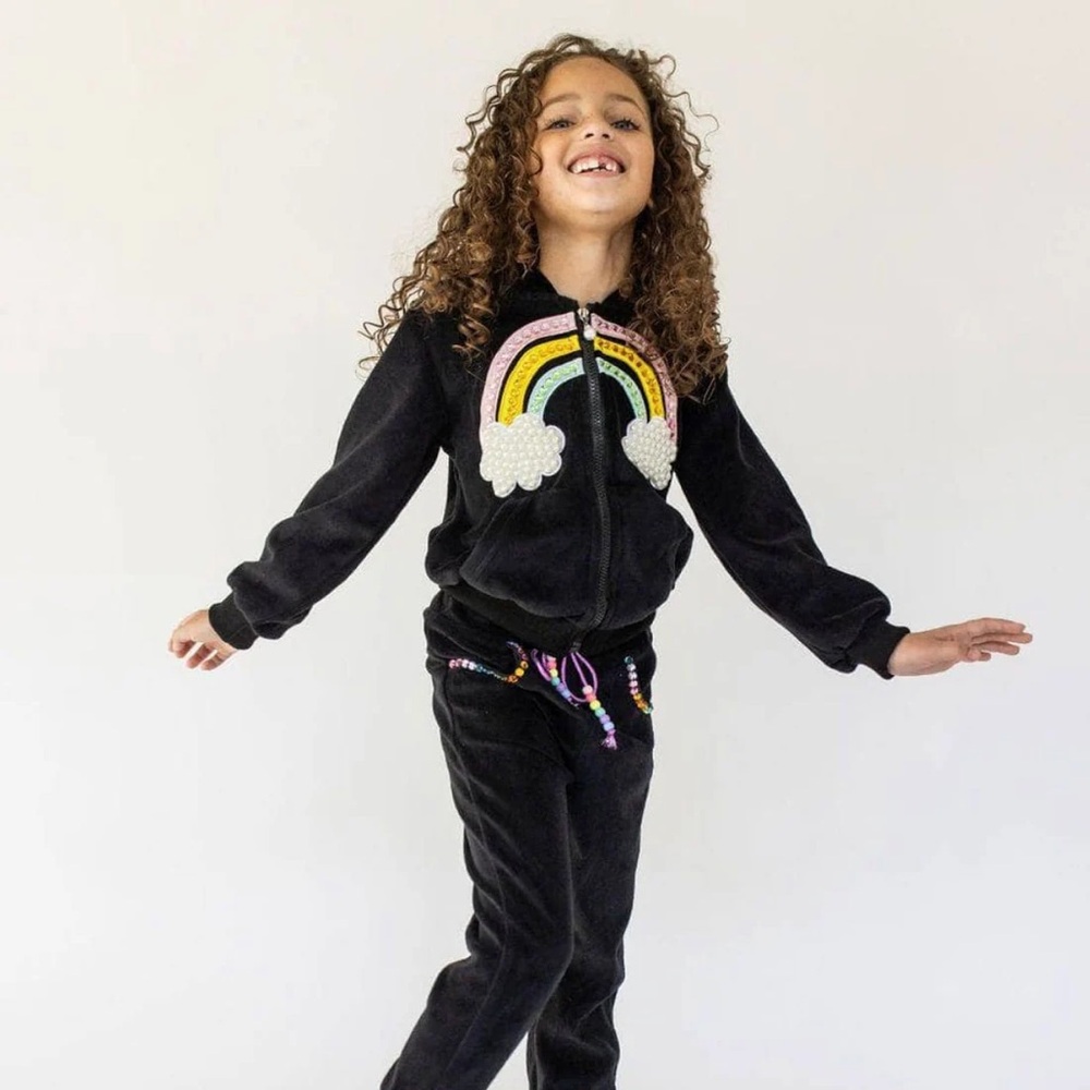 Lola & The Boys- Rainbow Gem Kids Black Velour Set, Girls - 2